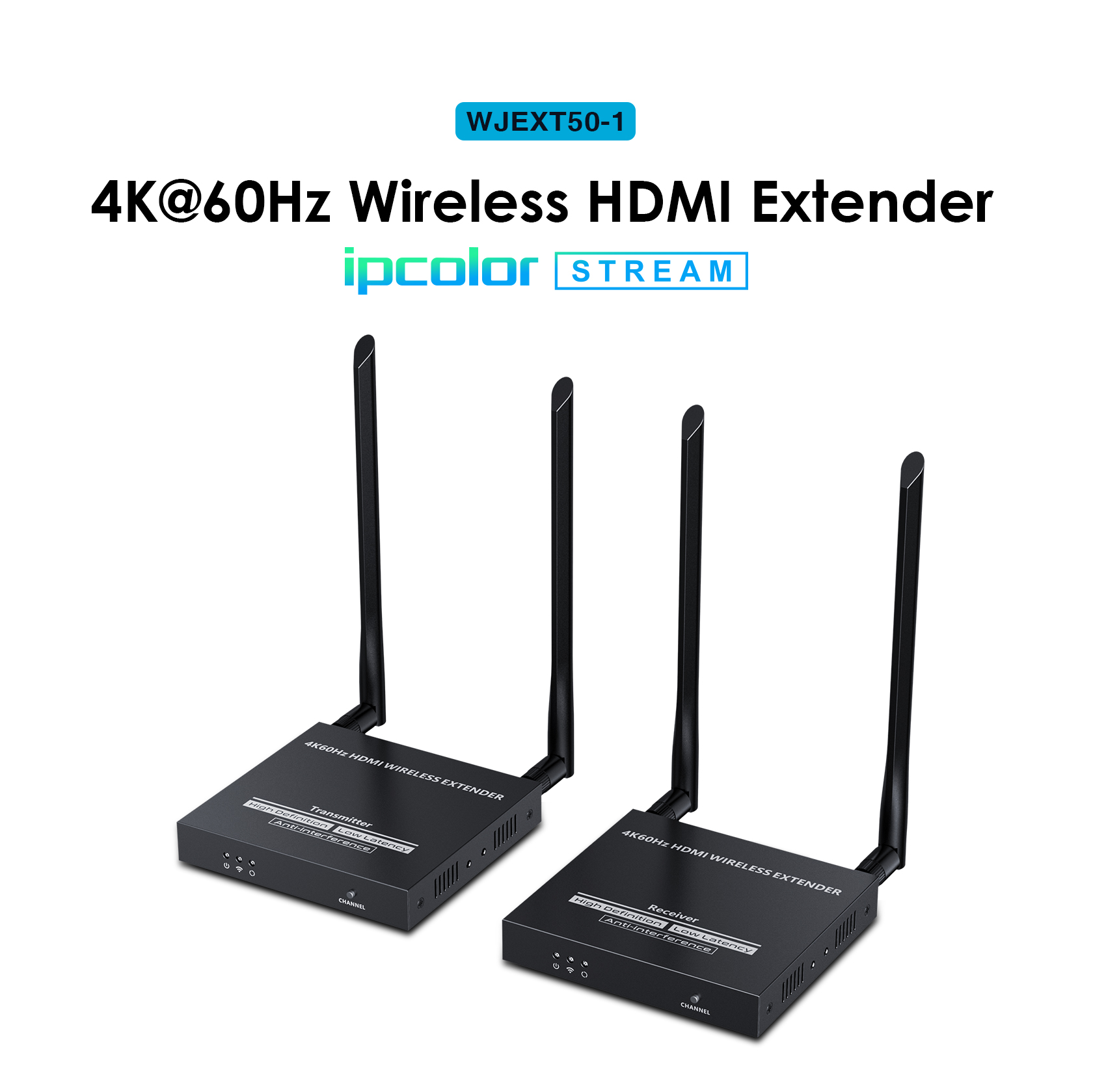 weJupit's Wireless 4kX60Hz HDMI Extender up to 50m (WJEXT50-1), 5G Wireless Frequency Bands, HDMI Loop Out, IR passback, SSID Pairing and Channel Switching