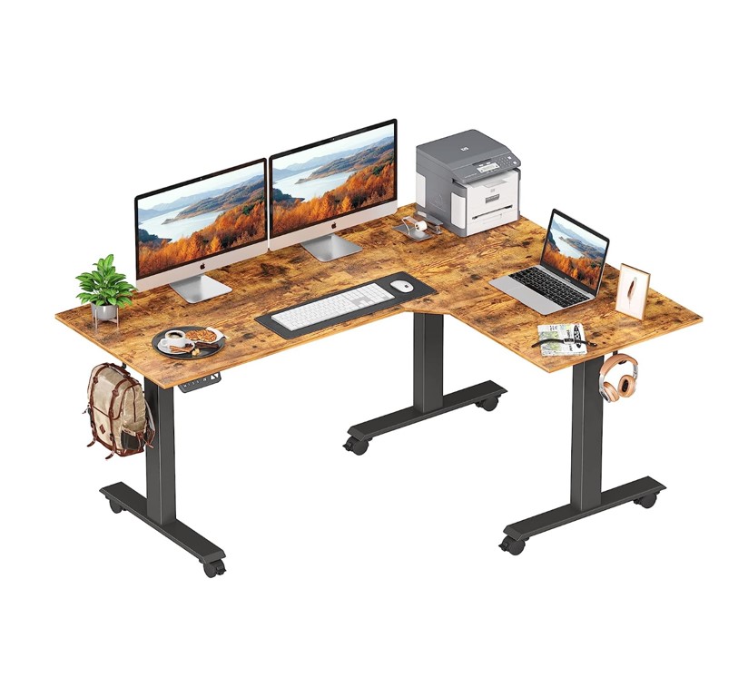 FEZIBO Triple Motor L-Shaped Electric Standing Desk, 63 Inches Height Adjustable Stand up Corner Desk, Sit Stand Workstation with Splice Board, Black Frame/Rustic Brown Top