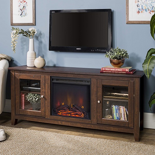 Walker Edison Rustic Wood and Glass Fireplace TV Stand for TV's up to 64