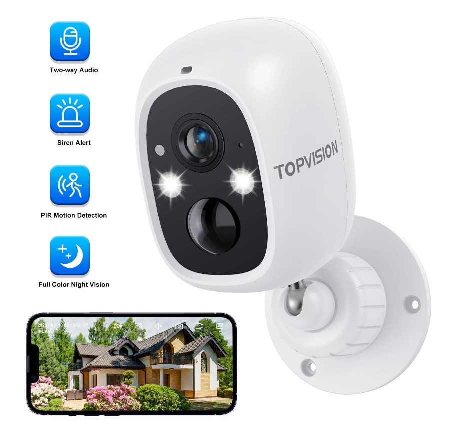 TOPVISION Wireless Security Camera, 2K WiFi Camera with Outdoor Night Vision, IP66 Outdoor Waterproof Camera for Home Security System, Surveillance Camera with PIR Motion Sensor, 2 Way Audio