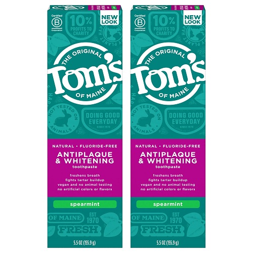 Tom's of Maine Fluoride-Free Antiplaque & Whitening Natural Toothpaste, 5.5 Ounce (Pack of 2) - Packaging May Vary Spearmint 5.5 Ounce (Pack of 2), List Price is $15.98, Now Only $6.26