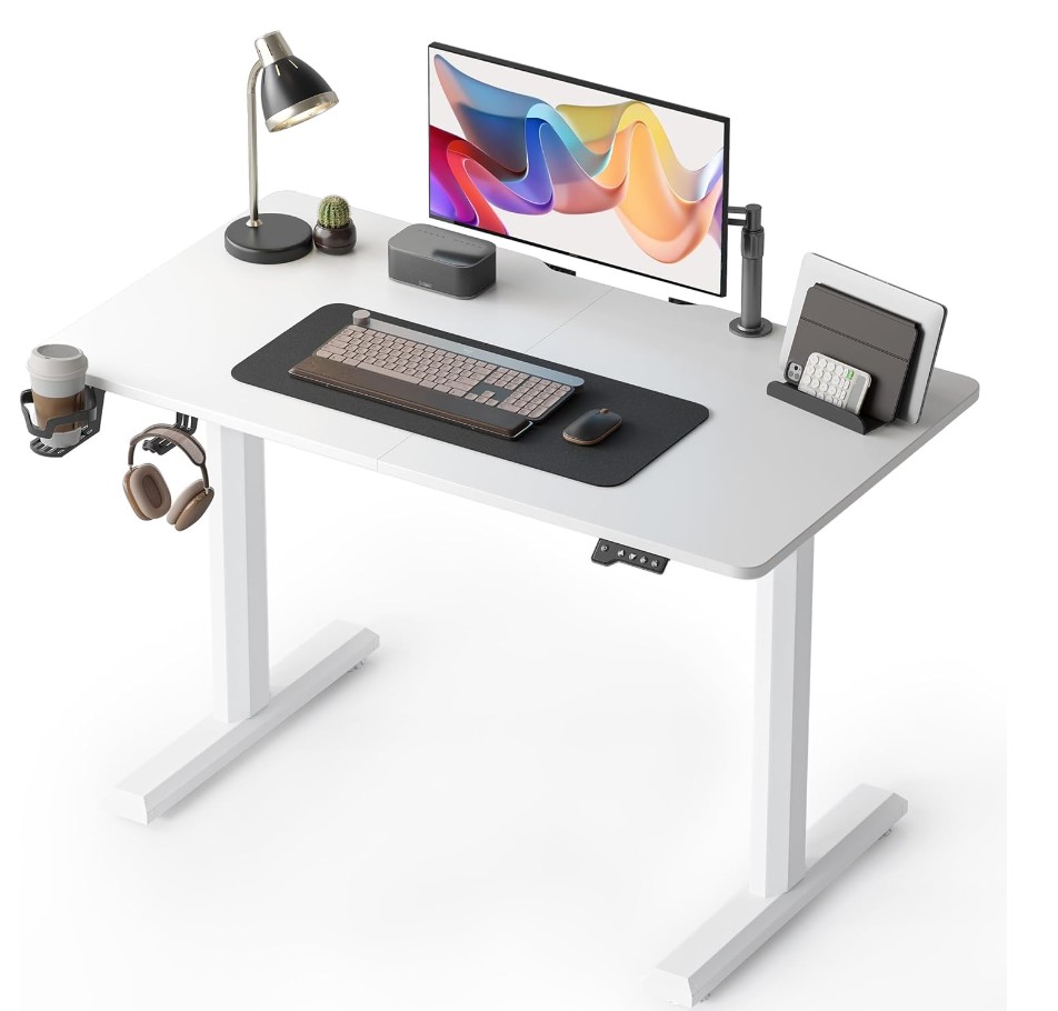 Cubiker 44 x 24 Inch Standing Desk, Stand up Height Adjustable Home Office Electric Table, Sit Stand Desk with Splice Board, White Frame & White Desktop