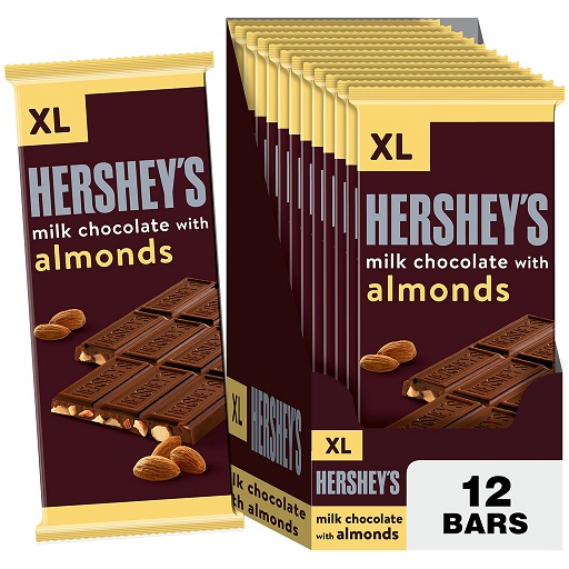 HERSHEY'S Milk Chocolate with Almonds XL, Candy Bars, 4.25 oz (12 Count, 16 Pieces) Chocolate 4.25 Ounce (Pack of 12), only $18.67