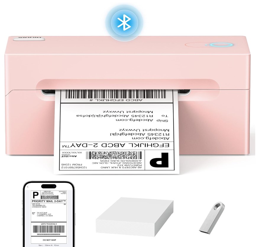 實用好物，相當白菜！SWIFINT 藍牙熱敏運輸標籤印表機，支持4x6的標籤寬度，附送快閃記憶體盤和一疊標籤紙，可愛粉色，適用於家庭和小型企業，折上折后僅售$58.59免運費！