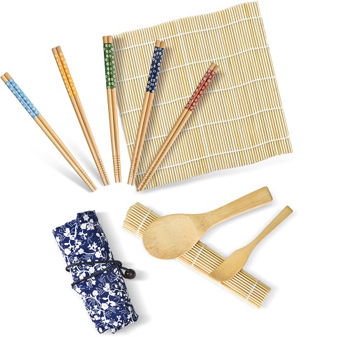 Soeos Sushi Making Kit, Sushi Making Kit for Beginners with 2 Sushi Rolling Mats, 5 Pairs Chopsticks, 1 Paddle, 1 Spreader, 1 Cotton Bag, All Natural Bamboo Sushi Maker Gift Set Only $9.99