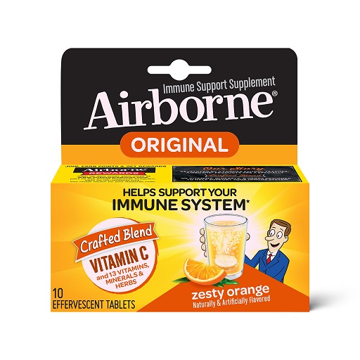 Airborne 1000mg Vitamin C with Zinc Effervescent Tablets, Immune Support Supplement with Powerful Antioxidants Vitamins A C & E - 10 Fizzy Drink Tablets, Zesty Orange Flavor,  Only $5.58