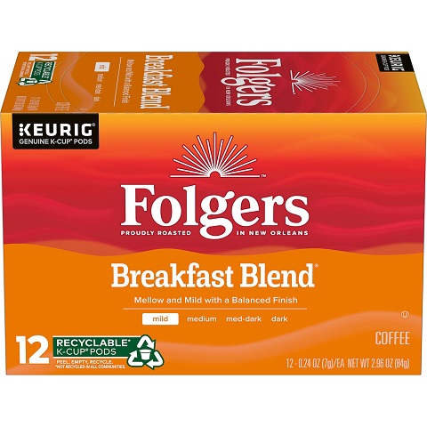 Folgers Breakfast Blend Mild Roast Coffee, 72 Keurig K-Cup Pods Breakfast Blend 12 Count (Pack of 6), List Price is $40.97, Now Only $22.38