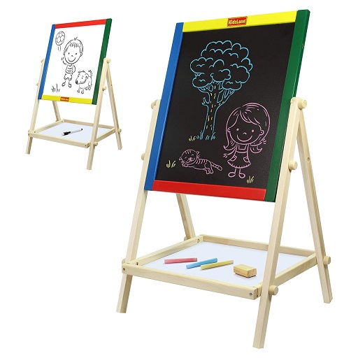 Kidzlane Art Easel for Kids | Wooden Toddler Easel | Double Sided Standing Chalkboard/Dry Erase Board for Kids | Toddler Drawing Board with Accessories | 25.75