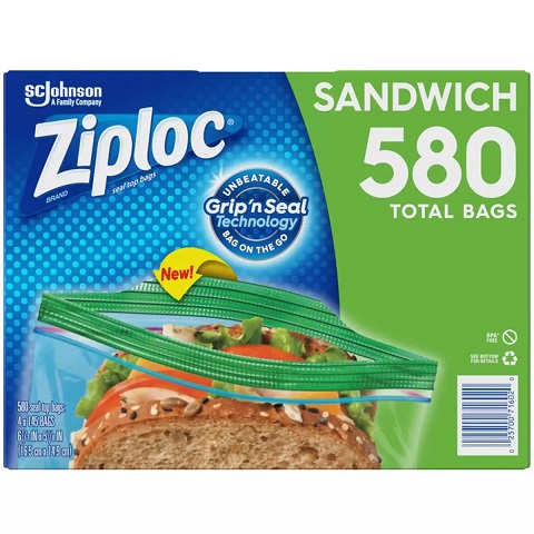 Ziploc 三明治/零食 食物保鲜密封袋 580个，原价$23.00，现仅售$13.80