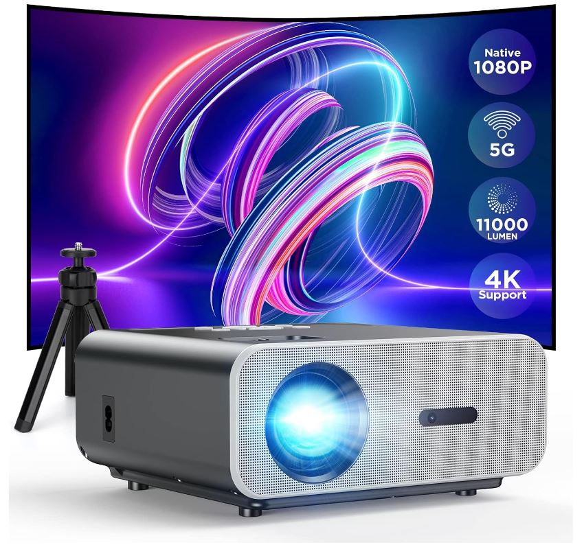 Projector with 5G WiFi and Bluetooth, Native 1080P Portable Projector 4K Supported with Tripod