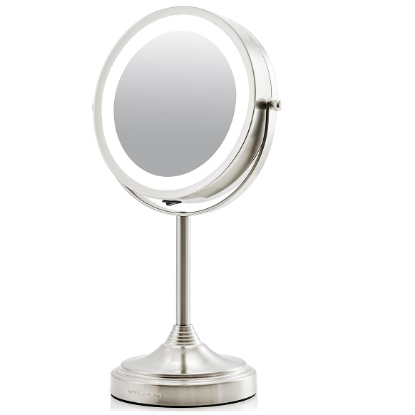 Ovente 7'' Lighted Tabletop Makeup Mirror, 1X & 7X Magnifier, Spinning Double Sided Round LED, Great for Vanity, Bath, & Bedroom, Battery Powered, Nickel Brushed MCT70BR1X7X 7