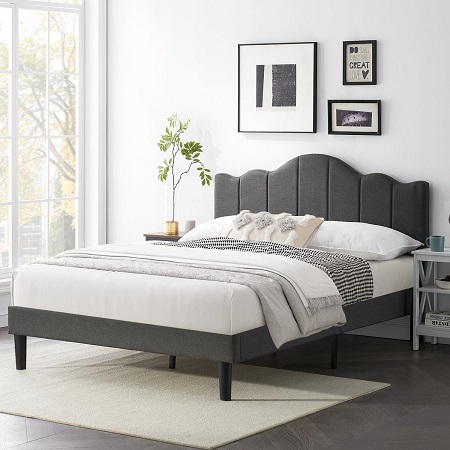 VECELO Queen Size Upholstered Platform Bed Frame with Adjustable Headboard, Wood Slat Support and Noise-Free, No Box Spring Needed, Easy Assembly Queen Grey,  Only $149.99