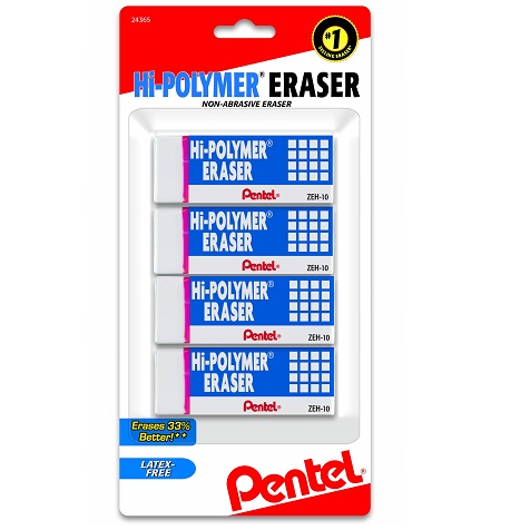 Pentel® Hi-Polymer Erasers, White, Pack of 4 White 4 Count (Pack of 1) Large Block Eraser, List Price is $4.49, Now Only $2.19