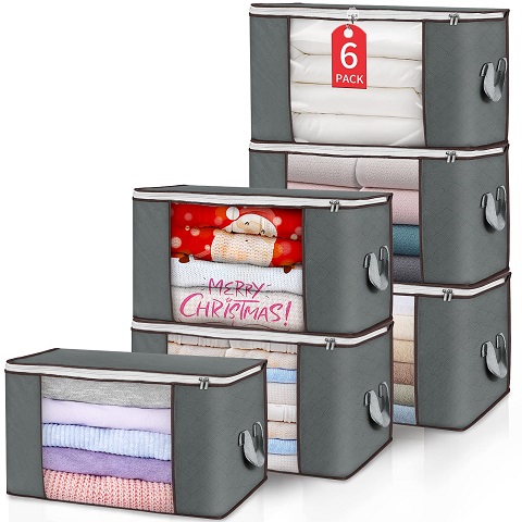 90L Large Bags, 6 Pack Clothes Storage Bins Foldable Closet Organizers Storage Containers with Durable Handle & Zipper for Clothing, Blanket, Comforters, Bed Sheets, Pillows and Toys Only $17.53