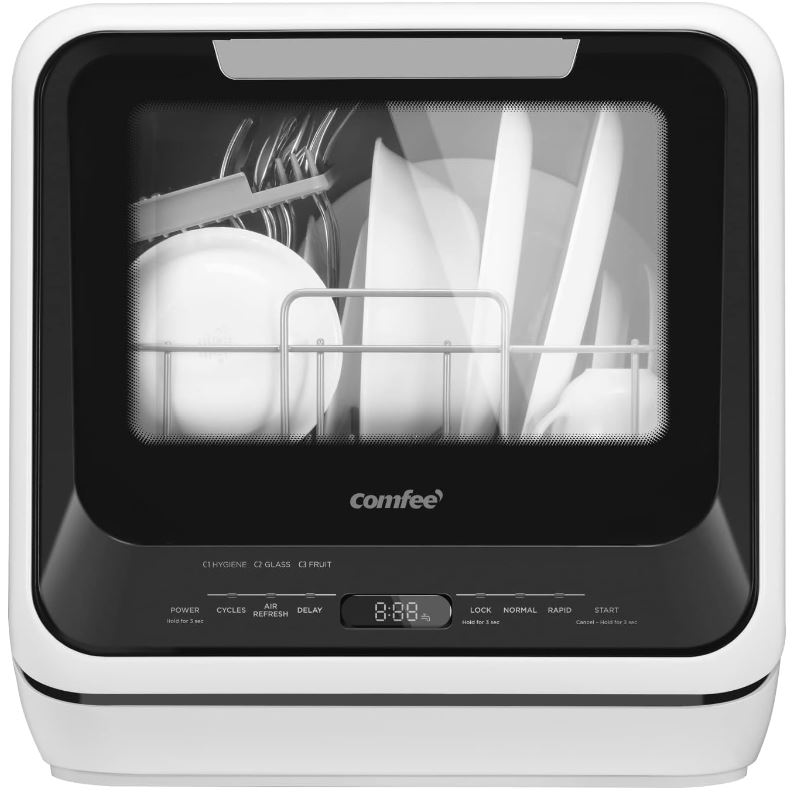 COMFEE' Portable Mini Dishwasher Countertop with 5L Built-in Water Tank for Apartments& RVs, No Hookup Needed, 6 Programs, 360° Dual Spray, 192℉ High-Temp& Air-Dry Function