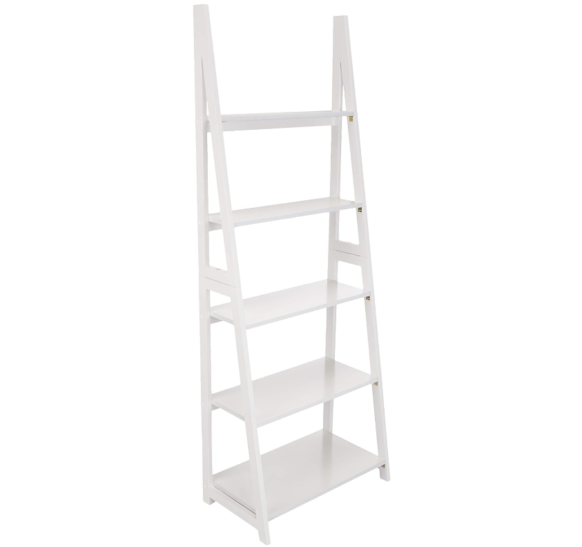 Amazon Basics Modern 5-Tier Ladder Bookshelf Organizer, Solid Rubberwood Frame, White, 14 D x 24.8 W x 70.1 H in