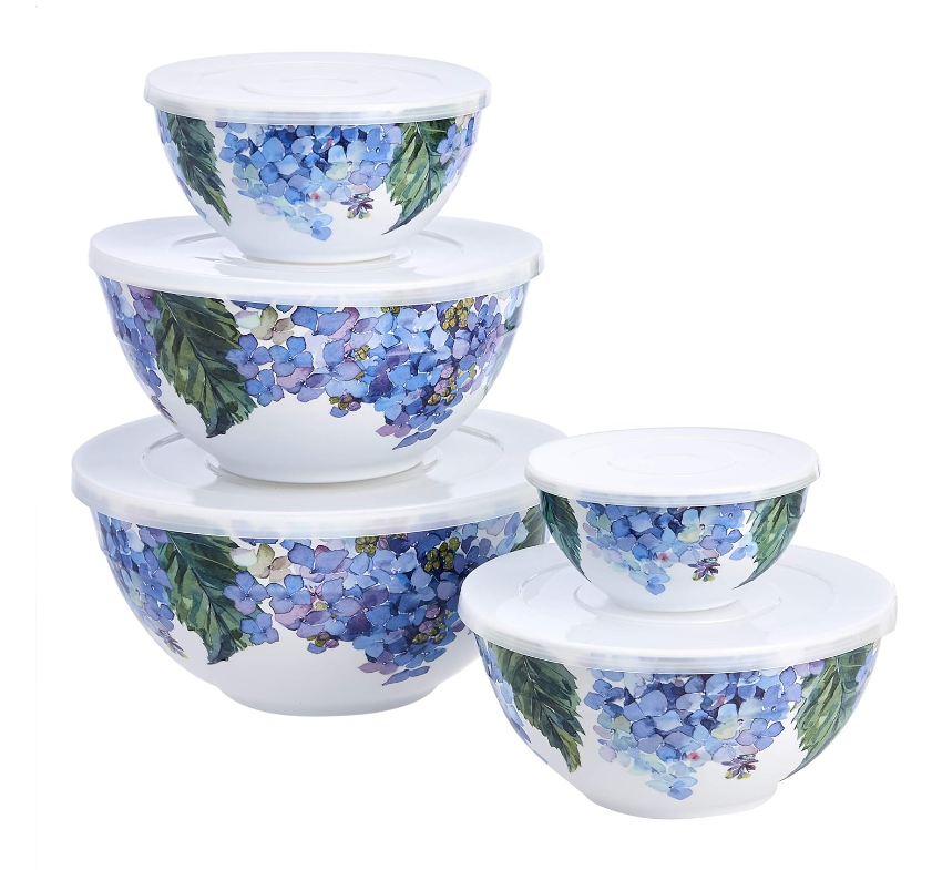 Amazon Basics Nesting Melamine Mixing Bowl With Lid And Non-Slip Base, 5 Sizes, Set Of 10, Hydrangea Floral, 3 15/16