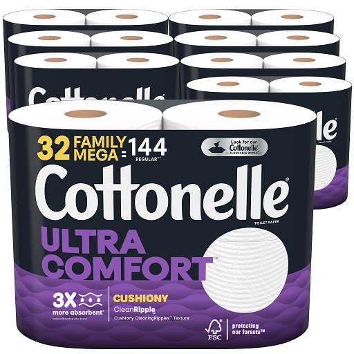 Cottonelle Ultra Comfort Toilet Paper with Cushiony CleaningRipples, 2-Ply, 32 Family Mega Rolls (8 Packs of 4) (32 Family Mega Rolls = 144 Regular Rolls), 325 Sheets per Roll, Only $22.61