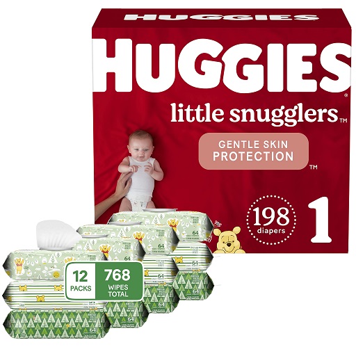 HUGGIES Baby Diapers and Wipes Bundle: Little Snugglers Baby Diapers, Size 1, 198 Ct, Natural Care Sensitive Baby Wipes, Unscented, 12 Flip-Top Packs (768 Wipes Total) , Only $53.65
