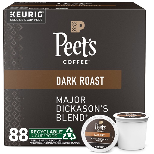 Peet's Coffee, Dark Roast K-Cup Pods for Keurig Brewers - Major Dickason's Blend 88 Count (4 Boxes of 22), List Price is $67.98, Now Only $27.74