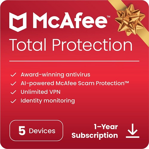黑五价！杀毒软件2024版！McAfee Total Protection 计算机安全全面保护套装 一年Subscription ，可以装5台设备，原价$119.99，现仅售$19.99。网络下载