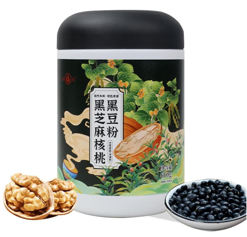 FU PAI E JIAO Black Sesame Walnut Black Bean Powder - Meal Replacement with Cholesterol Regulation and Anti-oxidation, Non-GMO, Vegan, 21.16 Oz (600g)