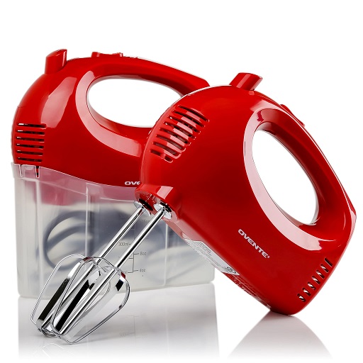 OVENTE Portable 5 Speed Mixing Electric Hand Mixer with Stainless Steel Whisk Beater Attachments & Snap Storage Case, Compact Lightweight  Red HM151R,   Only $12.99