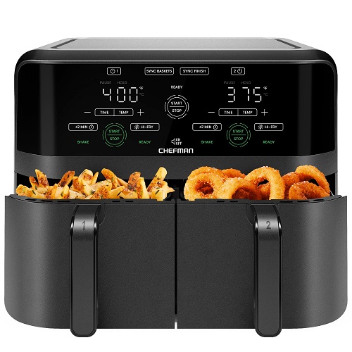 Chefman 6 Quart Dual Basket Air Fryer - Digital Touchscreen, Smart Sync Finish, Hi-Fry, Auto Shutoff, 2 Independent 3QT Nonstick Dishwasher-Safe Frying Baskets Only $79.99