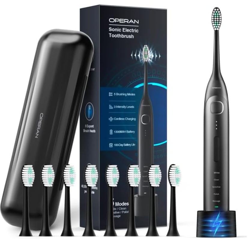 Operan Electric Toothbrush for Adults and Kids Sonic Rechargeable Toothbrush with 5 Modes 2-Min Smart Timer IPX7 Waterproof 40,000 VPM Motor with 8 Brush Heads & Travel Case (Black)