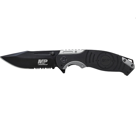 Smith & Wesson M&P SWMP13GS 8.2in High Carbon S.S. Folding Knife with 3.5in Serrated Clip Point Blade and Aluminum Handle for Outdoor, Tactical, Survival and EDC,Black, Only $17.99