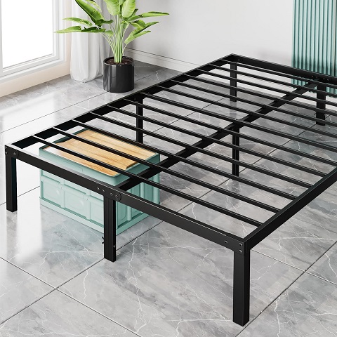 Sweetcrispy Bed Frame Queen - No Box Spring Needed Heavy Duty Metal Platform Bedroom Frames Queen Size with Storage Space, 14 Inches High, Sturdy Steel Slat Support,  Only $54.82
