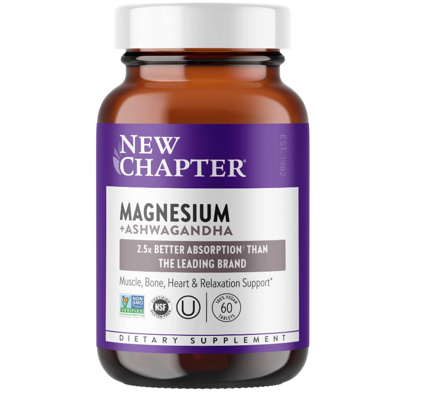 New Chapter Magnesium with Ashwagandha 60 Tablets - 2.5x Better Absorption, Muscle Recovery, Heart & Bone Health, Calm & Relaxation, Gluten Free, Non-GMO