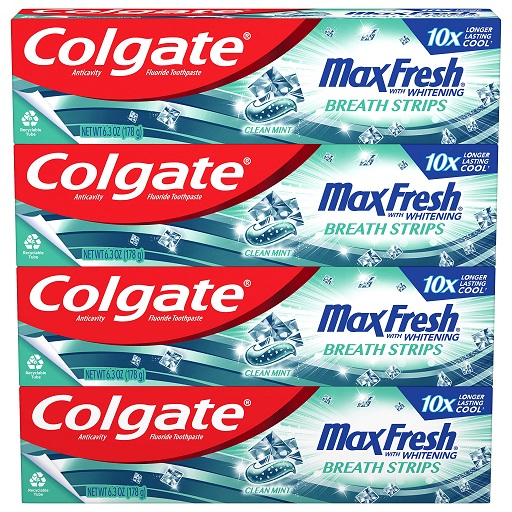 Colgate Max Fresh Whitening Toothpaste with Mini Strips, Clean Mint Toothpaste for Bad Breath, Helps Fight Cavities, Whitens Teeth, and Freshens Breath, 6.3 Ounce (Pack of 4) Only $7.95
