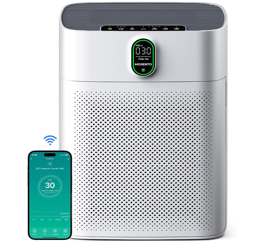 MORENTO Smart Air Purifier for home Large Rooms up to 1076 ft², Wi-Fi and Alexa compatible, PM2.5 Air Quality Display, Auto Mode, Quiet Mode 24dB, HEPA Filter Removes Dust, Pollen, Smoke (White)