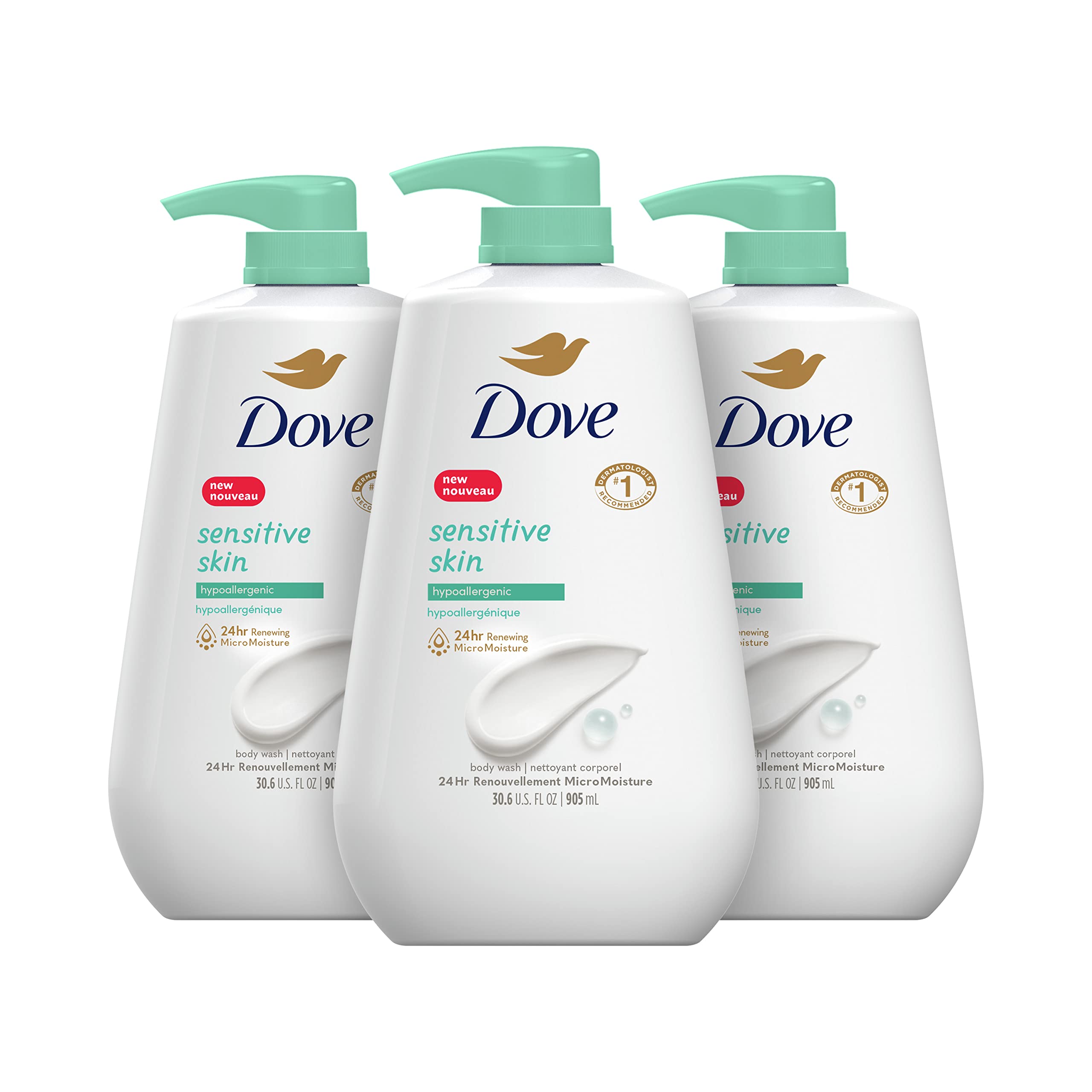 Dove Sensitive Skin Body Wash, Hypoallergenic and Paraben-Free, 30.6 fl oz (Pack of 3) Fragranced 30.6 Fl Oz (Pack of 3), List Price is $29.97, Now Only $17.78