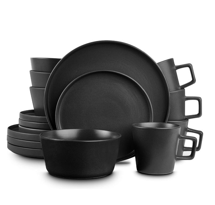 销售最佳！Stone Lain Coupe 餐具套装16件套，黑色哑光，包括4个大盘，4个中盘，4个小汤碗，4个杯子，仅售 $48.99 （25% off）