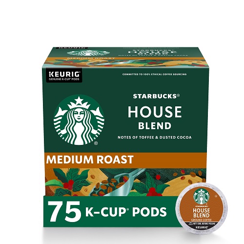 Starbucks K-Cup Coffee Pods, Medium Roast, House Blend for Keurig Brewers, 100% Arabica, 1 Box (75 Pods) House Blend 1 Count (Pack of 75), Now Only $23.99