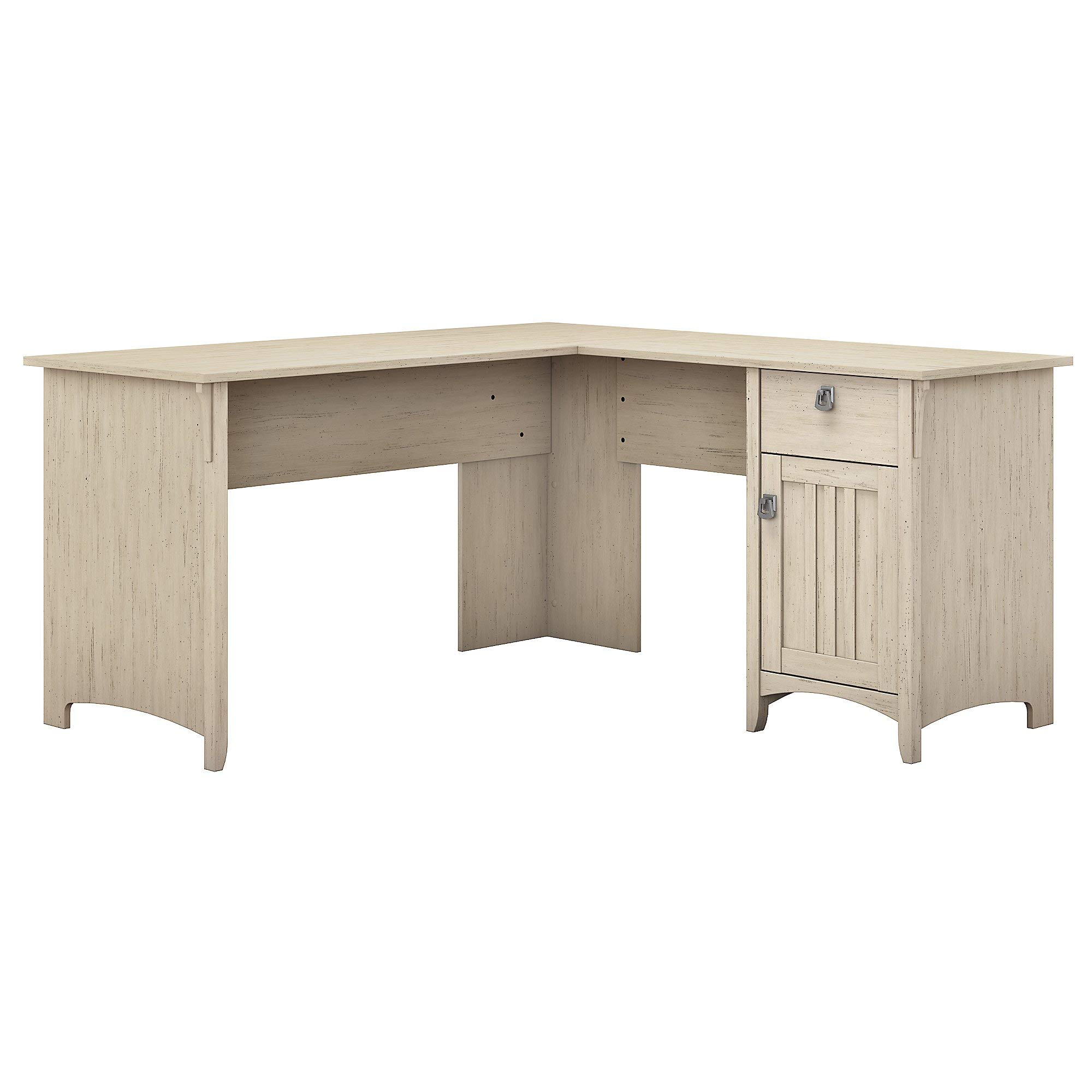 Bush Furniture Salinas L Shaped Desk with Storage in Antique White | Modern Farmhouse Corner Table with Drawers and Cabinets for Home Office, List Price is $505, Now Only $200, You Save $305