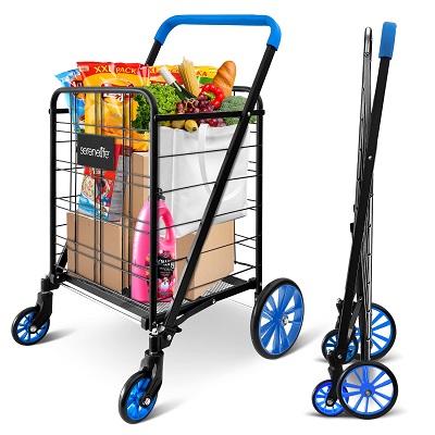 SereneLife Utility Shopping Supermarket Cart, 360 Rolling Swivel Front Wheels, Collapsible Utility Cart, Heavy Duty, Portable, 3.5