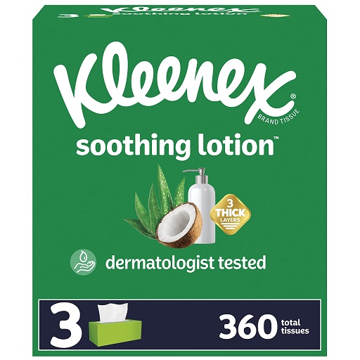 Kleenex Soothing Lotion Facial Tissues with Coconut Oil, 3 Flat Boxes, 120 Tissues per Box, 3-Ply (360 Total Tissues), Packaging May Vary, only $4.74