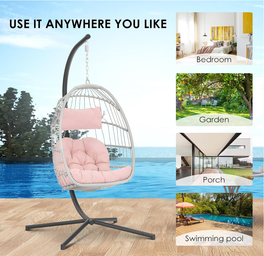 Hanging Egg Chair with Stand - Pink Swing Egg Chairs Wicker Rattan Hammock Chairs for Indoor Outdoor Bedroom Garden - Aluminum Steel Frame and UV Resistant Cushion 350LBS Capacity for Kids Adults