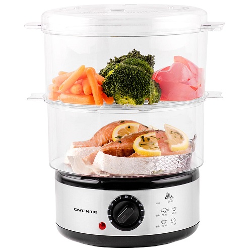 OVENTE 2 Tier Electric Food Steamer for Cooking Vegetables, Stainless Steel Base, Stackable and Dishwasher Safe Baskets, 400W with Auto Shutoff and 60-Minute Timer, 5 Quart  FS62S Only $19.99