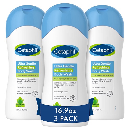 Cetaphil Ultra Gentle Refreshing Body Wash, Refreshing Scent For Dry to Normal, Sensitive Skin, 16.9oz Pack of 3, with Aloe Vera, Calendula, Vitamin B5, Hypoallergenic, Dermatologist Tested