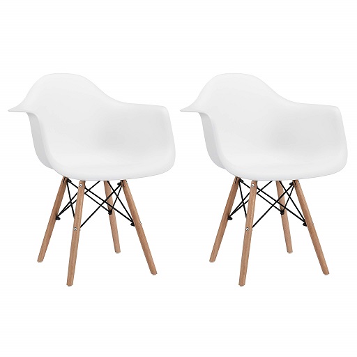 CangLong Natural Wood Legs Mid Century Modern Molded Shell Lounge Plastic Arm Chair for Living, Bedroom, Kitchen, Dining, Waiting Room,2 PCs Pack- White, Set of 2, White Set of 2 White, Only $49