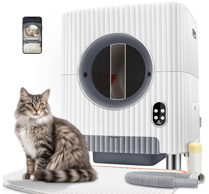 Self Cleaning Cat Litter Box,Electric Entrance Door Automatic Cat Litter Box,Video Monitor,Large Capacity for Multiple Cats with Mat-Anti-Pinch/Odor-Removal/APP Control