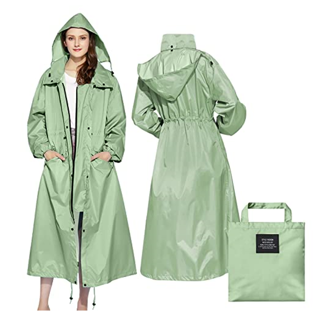 LAMA Womens Long Raincoats Rain Jacket Waterproof Packable Hooded Windbreaker Lightweight Adjustable Waist for Outdoor