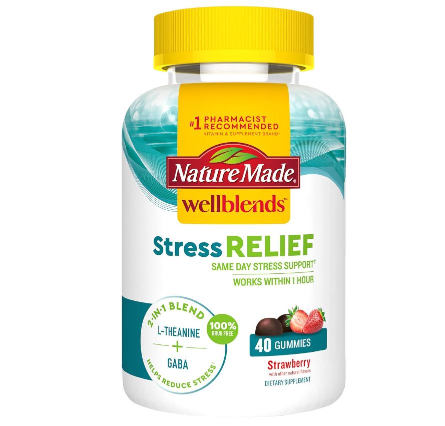 Nature Made Wellblends Stress Relief Gummies, L theanine 200mg to Help Reduce Stress, with GABA 100mg, Same Day Stress Support, 40 Strawberry Flavor Gummies