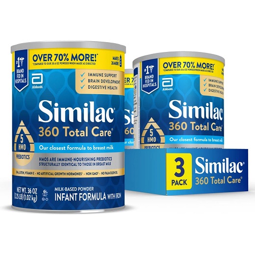 Similac 360 Total Care Infant Formula, with 5 HMO Prebiotics, Our Closest Formula to Breast Milk, Non-GMO, Baby Formula Powder, 36-oz Tub (Case of 3), Now Only $116.49