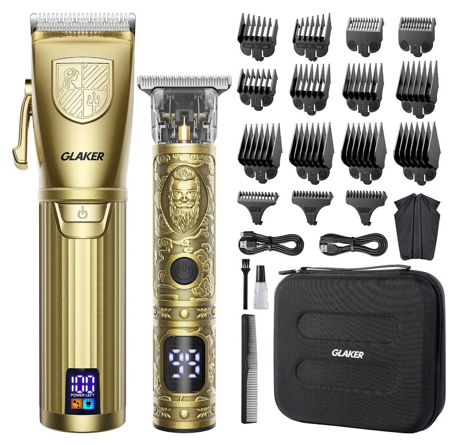 GLAKER Hair Clippers for Men,Professional Mens Hair Clippers Cordless Clippers for Hair Cutting, Hair Clippers and T-blade Trimmer Kit Zero Gap Trimmer with LED Display 15 Guide Combs