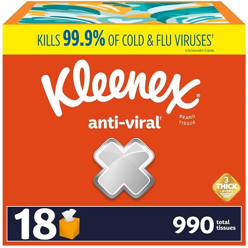 抗病毒款！Kleenex Anti-Viral 抗病毒 面巾紙，55抽/盒，共18盒， 原價$35.99，現點擊coupon后僅售$18.87 ，免運費